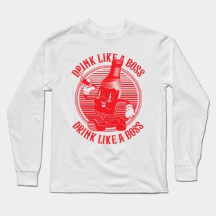 Vintage Walking Beer Bottle. "Drink Like a Boss!" (RED) Long Sleeve T-Shirt